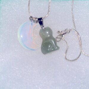 Boho Hippie Jade Cat 🐈‍⬛ and Opal Moon 🌙 Silver 16” Neck…